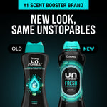 Promotional graphic comparing old and new Downy Unstopables packaging with text 'New look, same Unstopables'