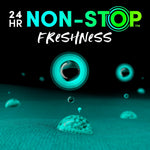 Graphic infographic reading “24 HR NON-STOP FRESHNESS” with teal scent beads and floating droplets over a textured surface