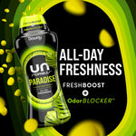 Promotional graphic of Downy Unstopables Paradise bottle with text proclaiming all-day freshness and OdorBLOCKER
