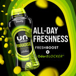 Promotional graphic showing Downy Unstopables Paradise bottle with bold text 'ALL-DAY FRESHNESS' and green accent elements