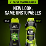 Comparison graphic showing old and new Downy Unstopables Paradise bottle designs with headline new look same Unstopables