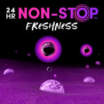 Graphic close-up of purple scent beads with concentric pink-purple rings and text reading '24 HR NON-STOP Freshness'