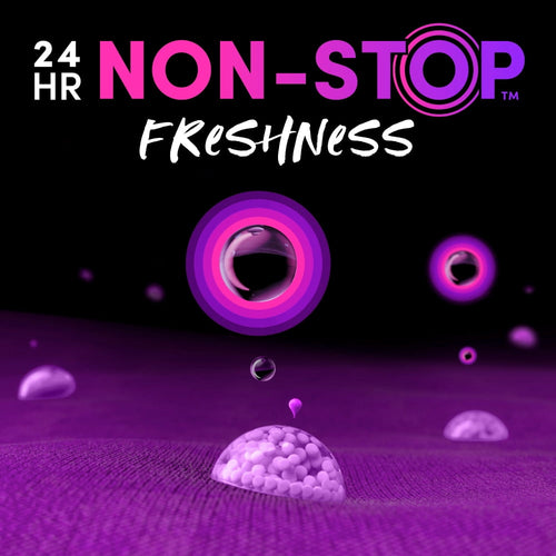 Graphic close-up of purple scent beads with concentric pink-purple rings and text reading '24 HR NON-STOP Freshness'