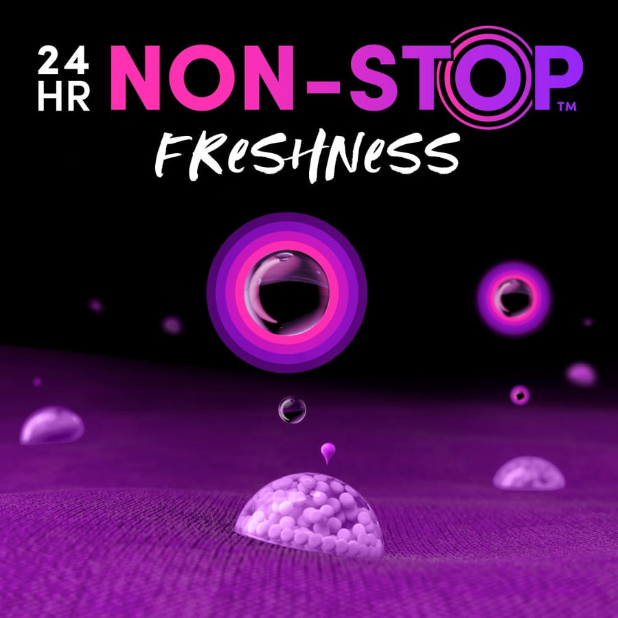 Graphic close-up of purple scent beads with concentric pink-purple rings and text reading '24 HR NON-STOP Freshness'