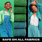 Triptych lifestyle image with smiling people and stacked towels in coordinated green and teal tones and 'Safe on all fabrics' text