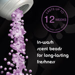 Graphic of purple scent beads pouring from a cap with text claiming 'Lasts up to 12 weeks' and in-wash scent bead benefit