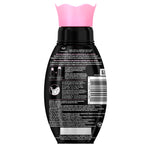 Back label of Downy Unstopables Shimmer bottle showing directions, warnings, barcode, and product text on black packaging