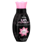Downy Unstopables Shimmer bottle front view with pink flower design cap and black packaging showing a pink floral emblem