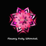 Pink stylized floral mandala graphic with the word 'shimmer' and tagline 'Flowery. Fruity. Whimsical.' on black background