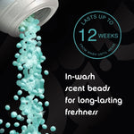 Graphic of turquoise scent beads pouring from a container with text claiming up to 12 weeks of long-lasting freshness.