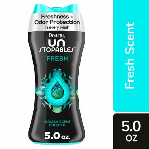 Close-up of a Downy Unstopables Fresh in-wash scent booster black bottle with teal cap and droplet graphic, 5.0 oz label visible.
