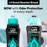 Comparison graphic showing old and new Downy Unstopables Fresh packaging with headline about odor protection and #1 scent booster brand.