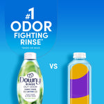 Comparison graphic showing a Downy Rinse Out Odor bottle labeled as #1 odor fighting rinse next to a generic bottle