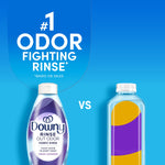 Comparison graphic showing Downy Rinse Out Odor bottle on left with text claiming #1 odor fighting rinse versus generic bottle on right