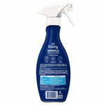 Rear view of blue Downy Wrinkle Releaser bottle showing directions, ingredient panel and barcode on white background