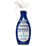 Front view of blue Downy Wrinkle Releaser Aqua Rain spray bottle on white background showing label and water droplet logo