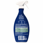 Rear view of Downy Wrinkle Releaser bottle showing directions, ingredient table and barcode on blue bottle
