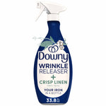 Blue Downy Wrinkle Releaser spray bottle with white trigger and crisp linen label on a white background
