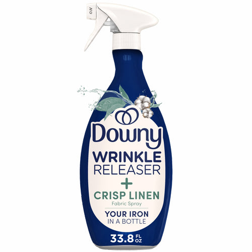 Blue Downy Wrinkle Releaser spray bottle with white trigger and crisp linen label on a white background