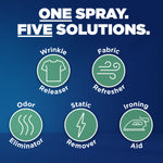 Infographic showing five icons for uses: wrinkle releaser, fabric refresher, odor eliminator, static remover, ironing aid