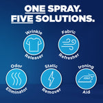 Infographic on blue background showing five icons for wrinkle releaser, fabric refresher, odor eliminator, static remover and ironing aid