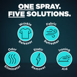 Infographic on dark background showing five circular icons for wrinkle releaser, fabric refresher, odor eliminator, static remover, ironing aid