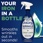 Downy Wrinkle Releaser bottle with large text “Your iron in a bottle” and an iron graphic on blue background