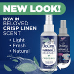 Promotional graphic showing 'NEW LOOK!' with Downy Wrinkle Releaser Crisp Linen bottle and descriptive text about the scent
