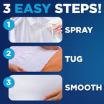 Three-step instructional graphic showing spray, tug and smooth steps with photos and bold '3 easy steps' text