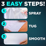 Three-step instructional graphic showing spraying a shirt, tugging fabric, then smoothing with captions 'Spray', 'Tug', 'Smooth'