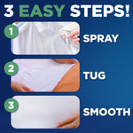 Three-step visual instructions showing spray, tug and smooth steps for using the wrinkle releaser on fabric