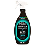 Front view of a Downy Wrinkle Releaser + Unstopables Fresh black spray bottle with white trigger and teal label