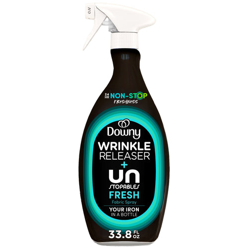 Front view of a Downy Wrinkle Releaser + Unstopables Fresh black spray bottle with white trigger and teal label