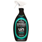 Studio product shot of Downy Wrinkle Releaser + Unstopables Fresh black bottle with white spray trigger on white background