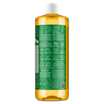 Back of a Dr. Bronner's Magic Soap almond bottle showing instructional icons and text on the green label.