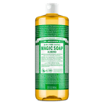 Front-facing Dr. Bronner's Magic Soap almond bottle with green label and white cap on a white background.
