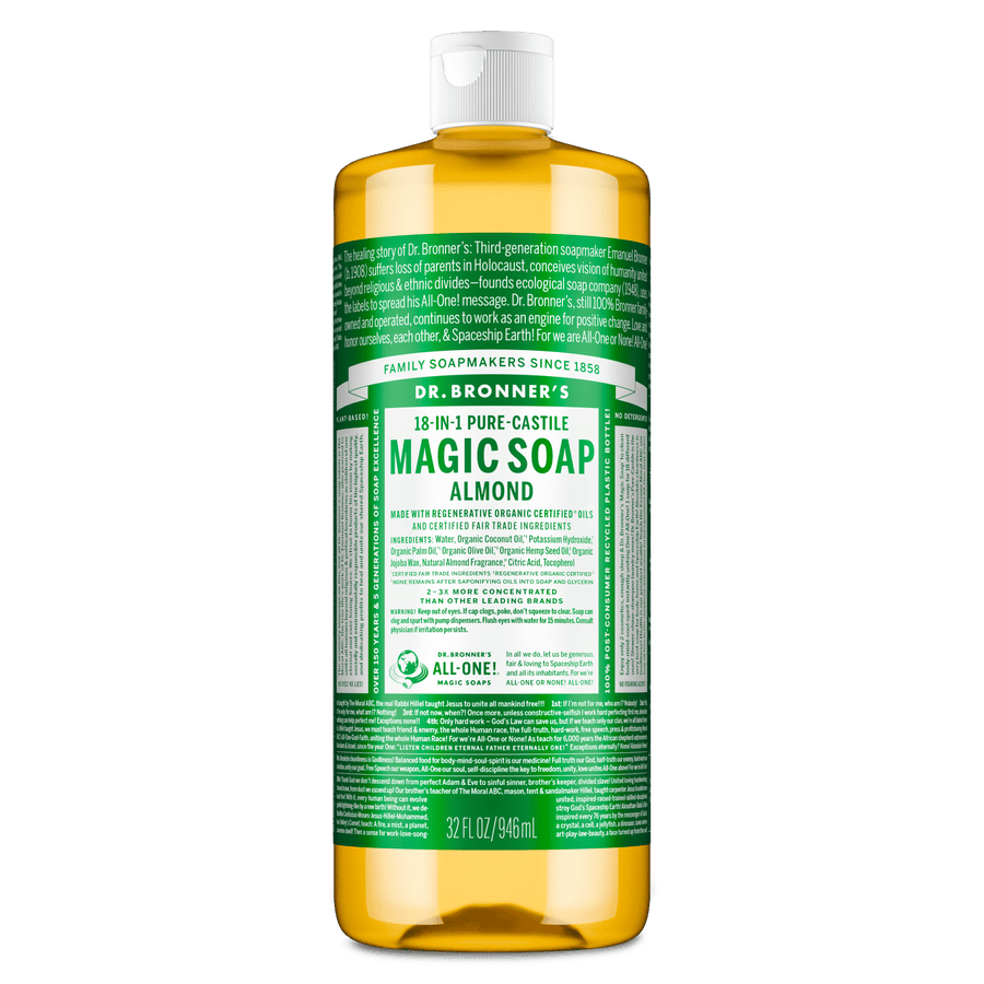 Front-facing Dr. Bronner's Magic Soap almond bottle with green label and white cap on a white background.