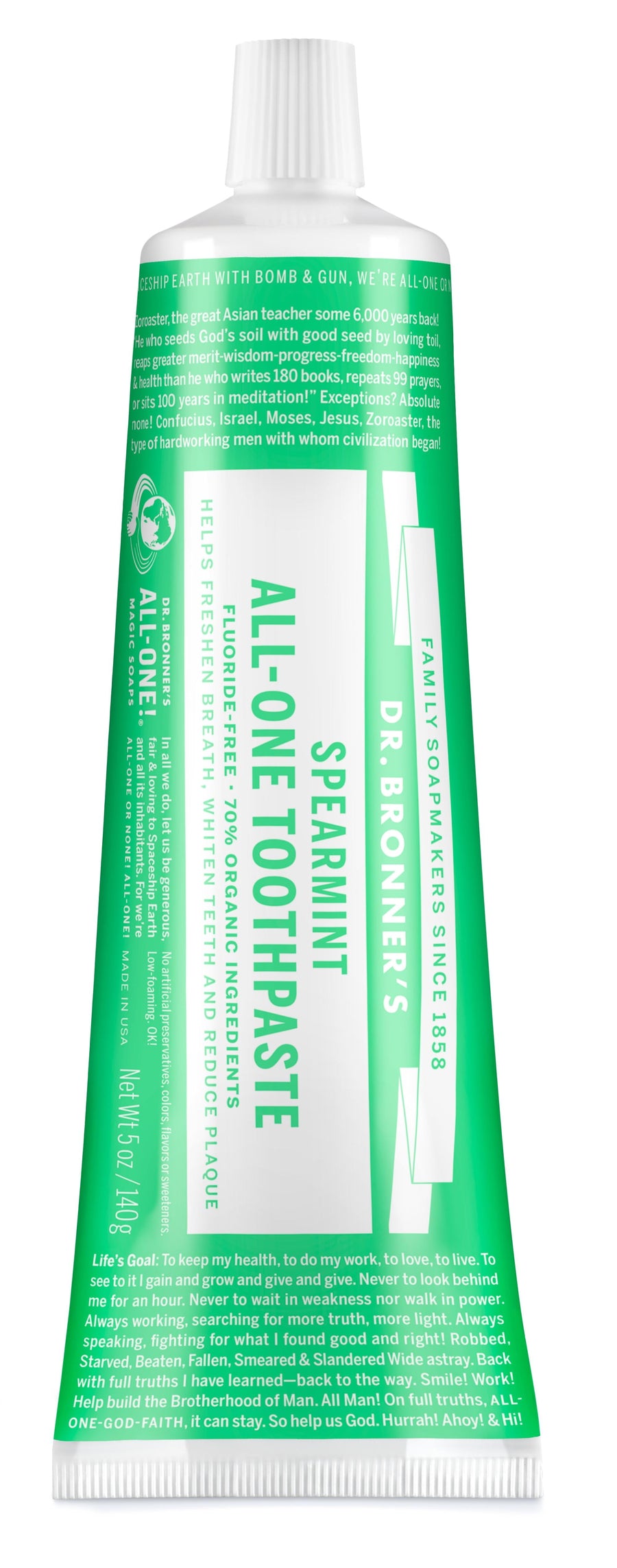 Close-up of a green Dr. Bronner's spearmint All-One toothpaste tube showing label text and cap