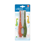 Front view blister pack of Dr. Brown's toddler toothbrushes showing green and orange dinosaur designs and brand header.