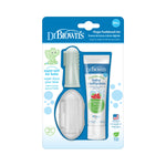 Retail blister pack showing Dr. Brown's finger toothbrush set with silicone fingertip brushes, clear case and strawberry baby toothpaste on blue backing.