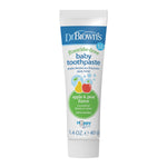 White tube of Dr. Brown's fluoride-free baby toothpaste in apple & pear flavor on a white background.