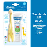 Dr. Brown's packaged infant-to-toddler giraffe toothbrush and strawberry baby toothpaste on blister card