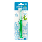 Blister-packaged Dr. Brown's toddler toothbrush in green crocodile design with brand logo and blue bubble background on backing card.