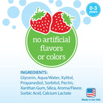 Close-up ingredient and label graphic showing strawberries and text 'no artificial flavors or colors' with ingredients list