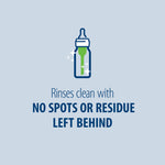 Blue graphic with a baby bottle icon and text 'Rinses clean with NO SPOTS OR RESIDUE LEFT BEHIND'