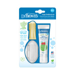 Retail blister pack of Dr. Brown's finger toothbrush set showing strawberry baby toothpaste and yellow/gray silicone brushes on blue card