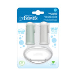 Packaged Dr. Brown's silicone finger toothbrushes in gray and light green with clear storage case on retail card