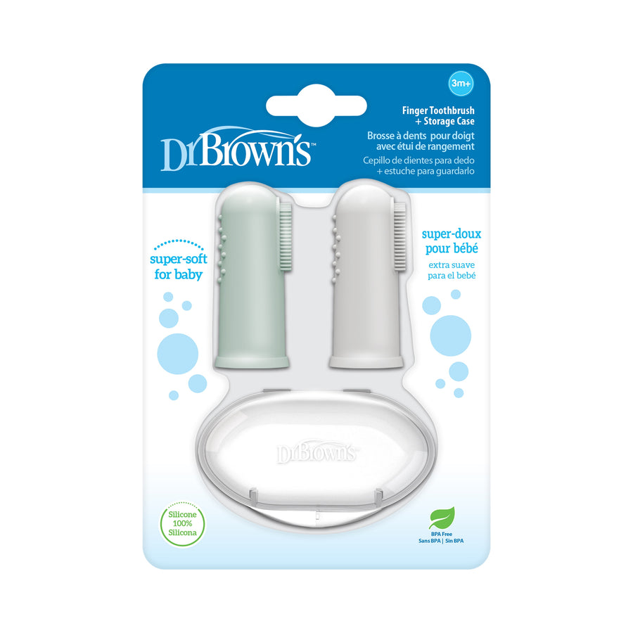 Packaged Dr. Brown's silicone finger toothbrushes in gray and light green with clear storage case on retail card