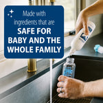 Person pouring Dr. Brown's Bottle & Dish soap into a baby bottle at a sink with overlay text about ingredients being safe for baby and the whole family
