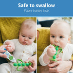 Two-panel image showing a baby being given a teething toy and tasting toothpaste labeled 'safe to swallow' and 'flavor babies love'